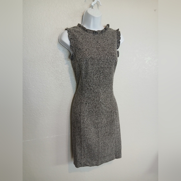 LOFT Grey & Black Tweed Sleeveless Sheath Dress Ruffle Neck & Sleeves. Cotton - Picture 5 of 9